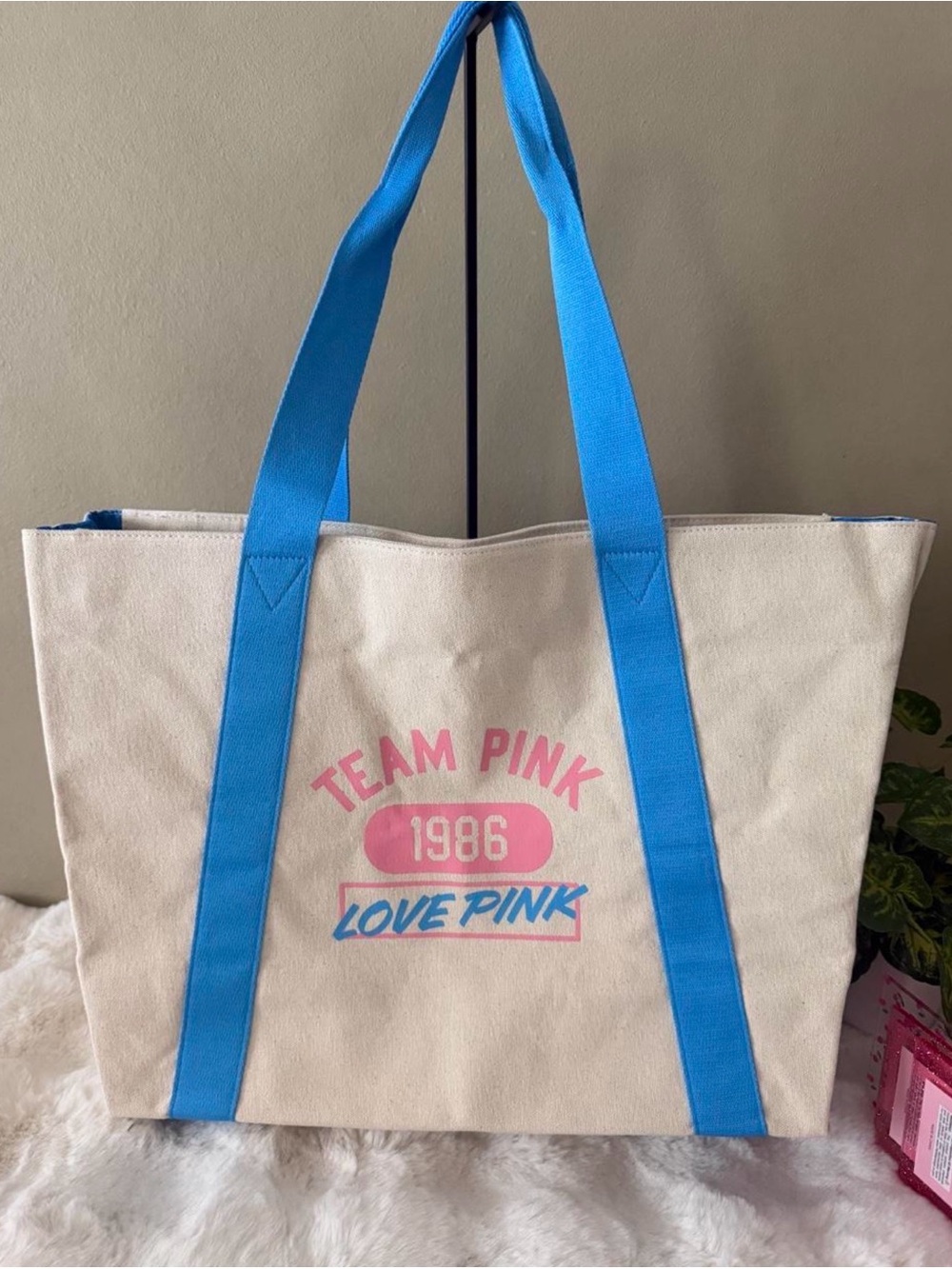 PINK Victoria's Secret 'Team Pink' Canvas Tote Bag in Natural and Pink.NWT